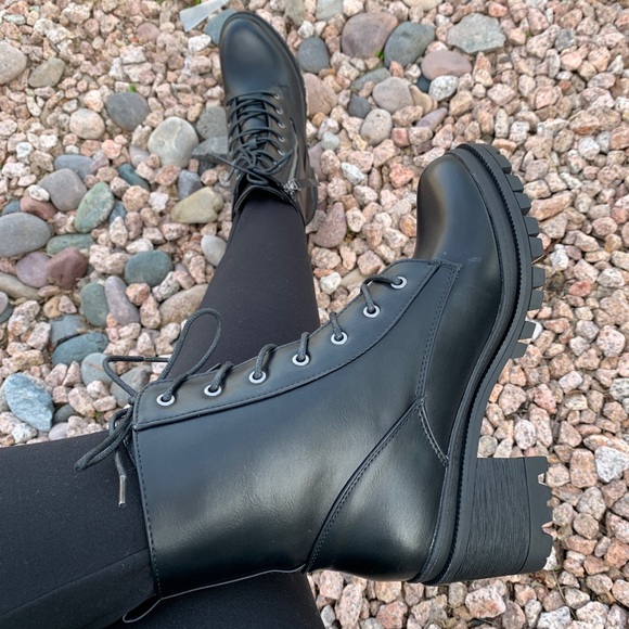 Black Combat Command Moto Zipper Tie Heeled Boots - Picture 2 of 7